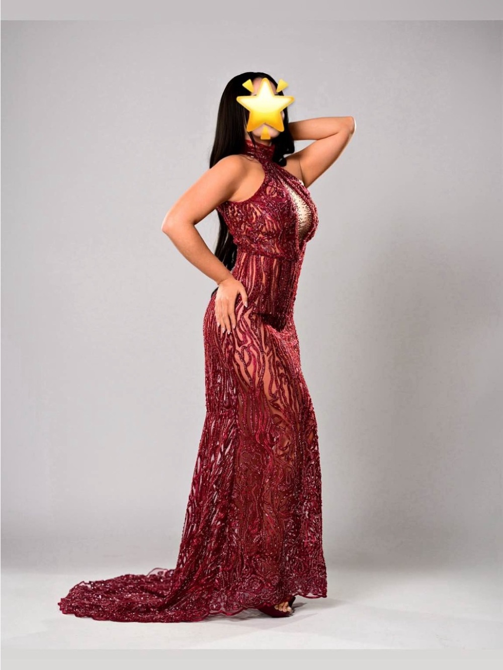Embellished Burgundy Halter Evening Dress